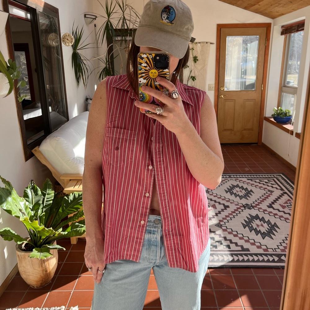 Red Striped Sleeveless Button-Up Shirt